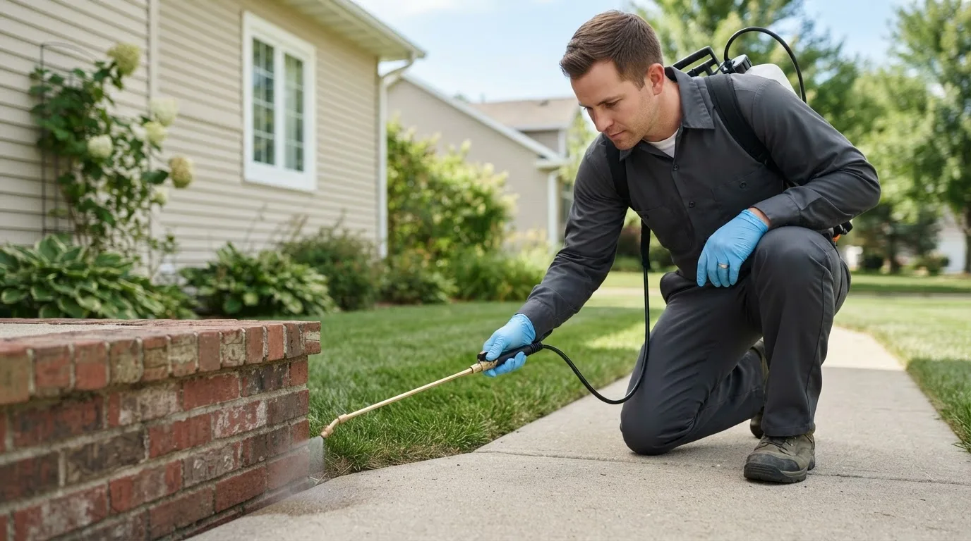 Pest control technician treating a home near East Dubuque, IL