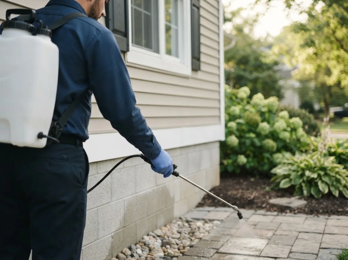 Pest control technician inspecting a home in East Dubuque, IL
